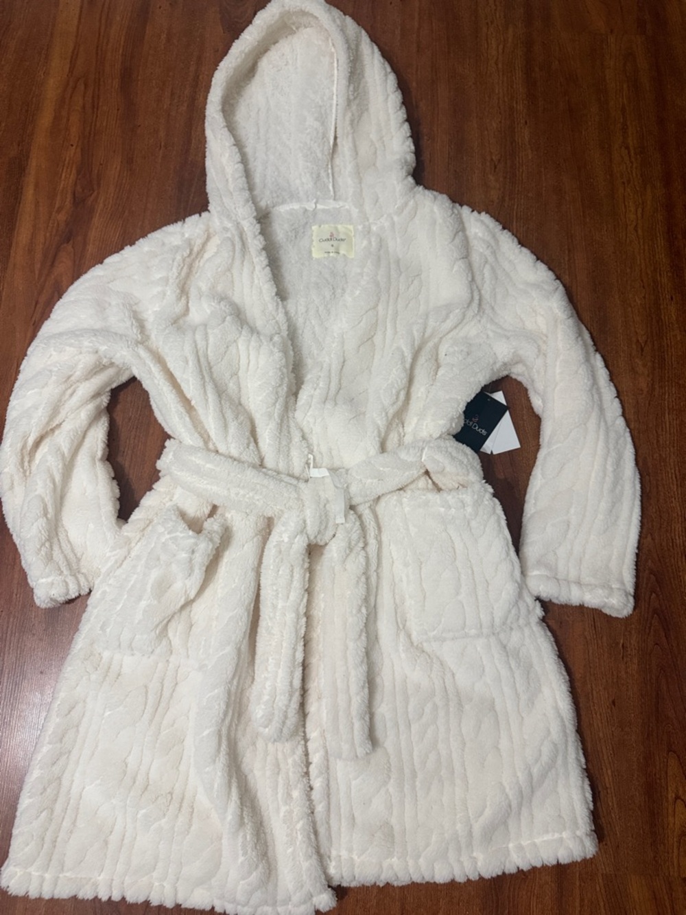 Cuddl Duds Cream Plush Hooded Robe with Belt